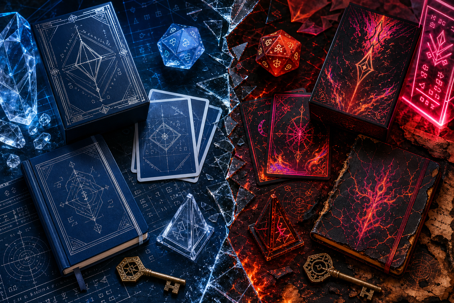 A split-reality still life of tabletop props, crystalline and ordered on one side and fiery and neon-lit on the other